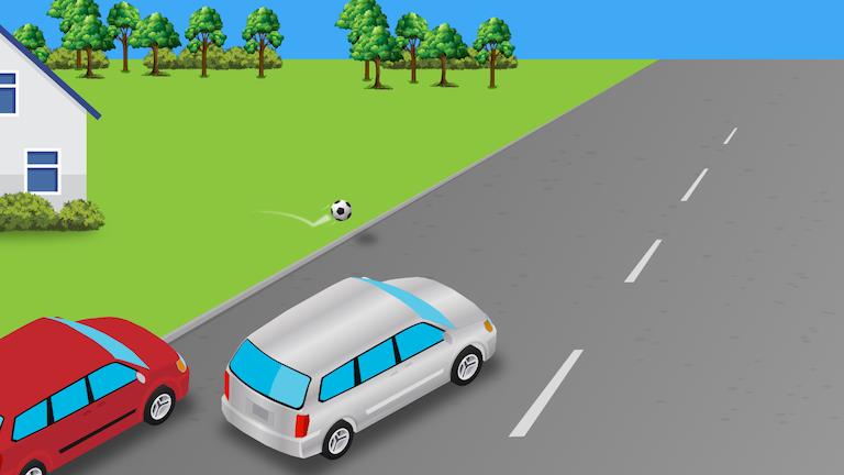 The silver car is overtaking the parked red car, what should the driver do in this situation?