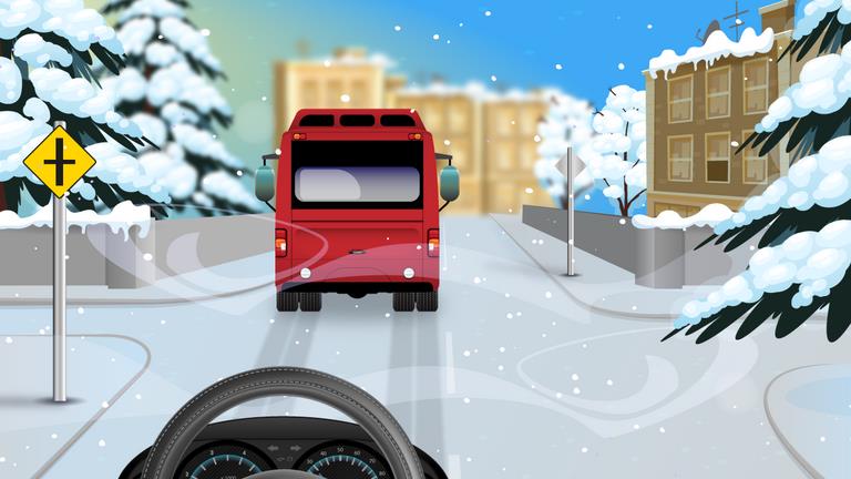What should the driver allow for when following the bus on an icy road?