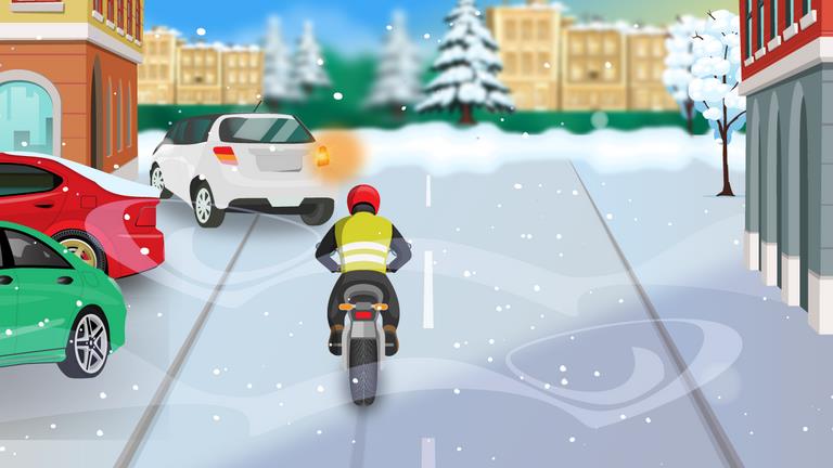 What should a driver be aware of when following the motorcyclist, and the white car is reversing onto the road?