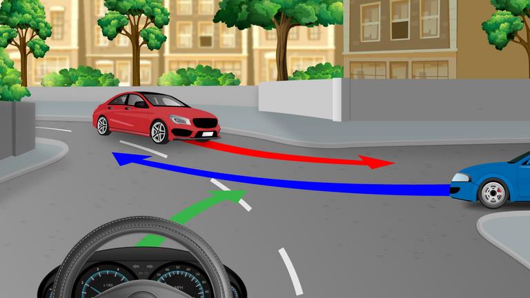 What should a driver do when turning right at this junction?