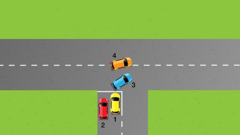 Which vehicle is in the correct position to make a right turn from a minor road onto a major road?